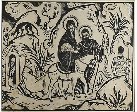 A W R Leadbetter woodblock print, 20th Century, 'The Flight into Egypt', framed and glazed, 26 cm x 31 cm 