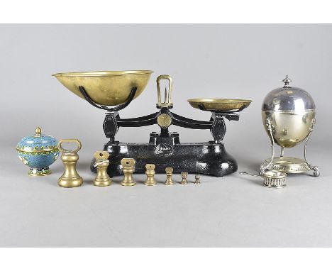 A set of Libra scales, with brass trays and weights together with a silver plated egg shaped egg waiter and a cloisonné cup a