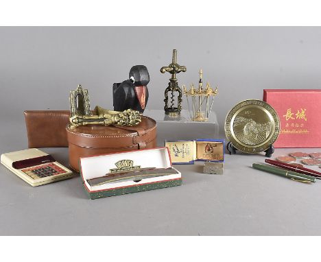 A collection of Barham, Parker, Waterman fountain pens, a leather collar box, a clay pipe, a bakelite lighter in the form of 