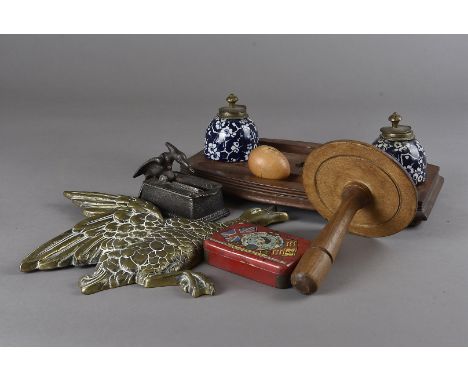 A mixed lot, including a recumbent Pierrot lamp, a graduated group of three brass wall ducks, an unusual and possibly smoking
