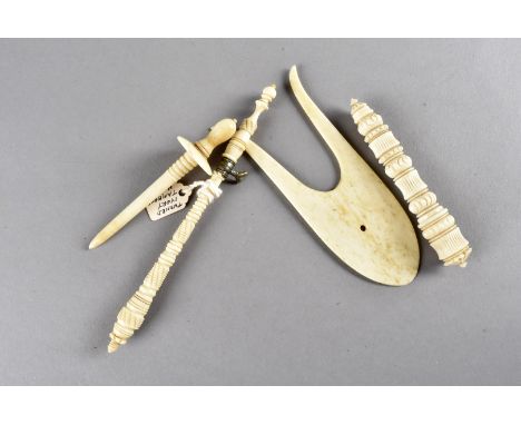 A 19th Century ivory turned lace makers tool, with tambour hook, point protector and needle case together with a 19th Century