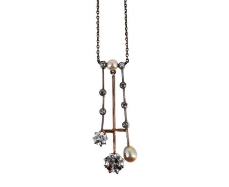 
	
		A DIAMOND AND PEARL PENDANT 
		The pendant with a central knife edge bar with an old cut diamond terminal, flanked by ar