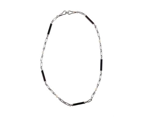 
	
		A PLATINUM, AGATE AND CULTURED PEARL NECKLACE/ALBERT CHAIN 
		SHEFFIELD 1990 
		The polished agate batons with belcher l