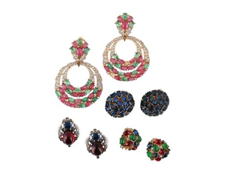 
	
		TRIFARI, THREE PAIRS OF VINTAGE COSTUME EARRINGS 
		The first pair circa 1950, &#39;Jewels of Tanjore&#39;, with red cab
