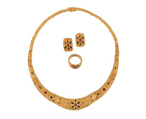 
	
		A SAPPHIRE AND RUBY NECKLACE, EARRING AND RING SUITE 
		The necklace with graduated panels with applied rope twist ad be