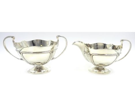 Matched silver strawberry sugar bowl and cream jug applied rib decoration by Oldfields Ltd and E S Barnsley & Co, Birmingham 