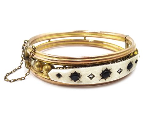Victorian 9ct gold (tested) and metal bangle set with jet and diamonds
