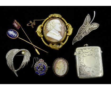 Victorian cameo swivel picture back brooch, enamel stick pin, silver vesta and costume jewellery