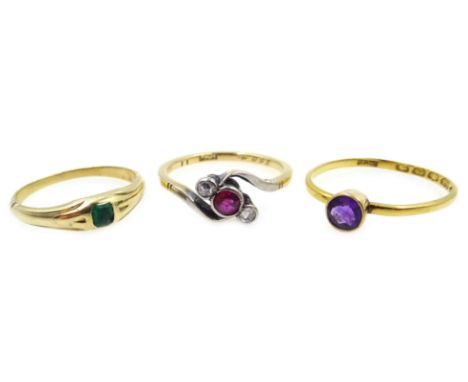 22ct gold ring set with an amethyst, hallmarked, gold ruby and diamond crossover ring, stamped 18ct and 15ct gold (tested) em