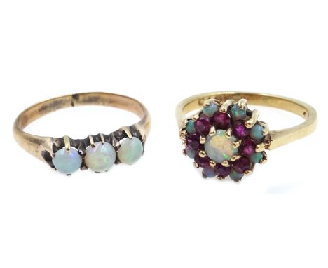 9ct gold opal and garnet cluster ring, hallmarked and 9ct gold (tested)  three stone opal ring Condition Report Opal and garn