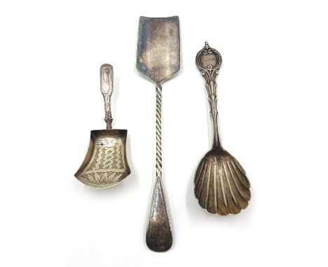 Silver caddy spoon by John Thropp, Birmingham 1818, Victorian caddy spoon by H J Lias & Son, London 1861 and a plated shovel 