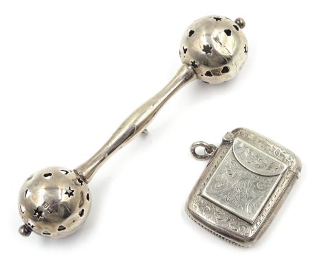 Edwardian silver vesta and combined stamp holder by William Light, Birmingham 1907 and a silver double ended rattle by Cornel