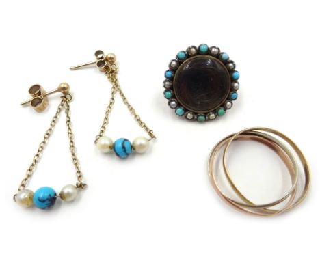 Victorian 9ct gold (tested) turquoise and seed pearl mourning brooch, pair of gold pearl and turquoise pendant earrings, stam