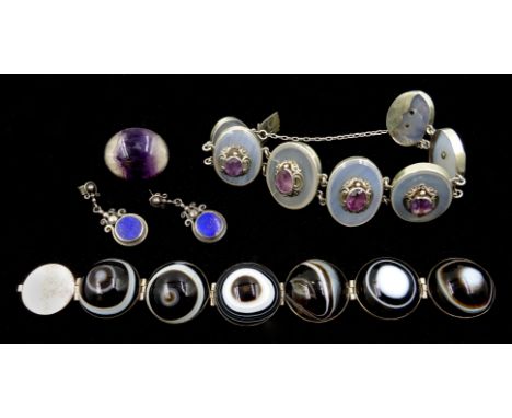 Moonstone and amethyst silver bracelet, banded agate bracelet, pair lapis lazuli and silver ear-rings and a blue john brooch