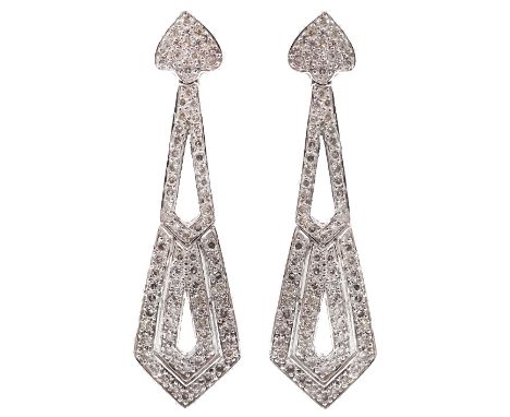 Pair of white gold Art Deco style diamond pendant earrings, hallmarked 9ct Condition Report Approx 7.9gm, length = 4.4cm 