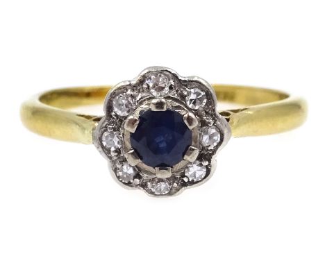 Gold sapphire and diamond cluster ring, stamped 18ct &amp; Plat  Condition Report Approx 3gm, size N, head size = 0.8cm