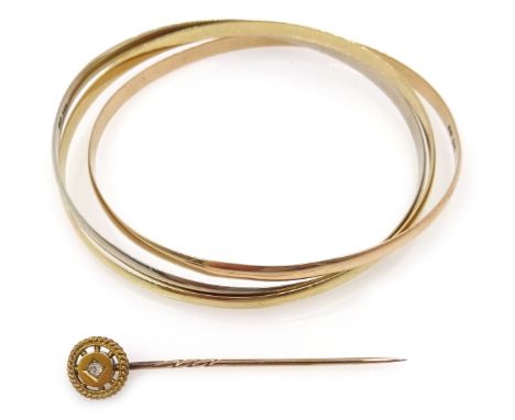 Russian 14ct white, rose and yellow gold interlinked bangle, stamped 585 and diamond set stick pin, stamped 15ct gold Conditi