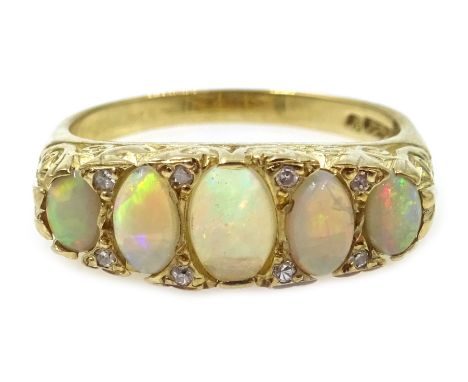 9ct gold five stone opal and diamond ring, hallmarked Condition Report Approx 3.9gm, size N-O