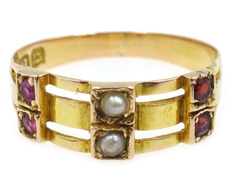 Edwardian gold seed pearl, pink tourmaline and garnet ring, stamped 15 Condition Report Approx 1.6gm, size L-M, good conditio