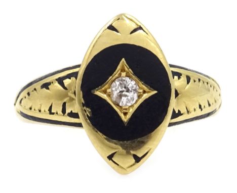 Victorian 18ct gold diamond and enamel mourning ring, stamped 18 makers mark J.T Condition Report Approx 4.5gm, size O-P