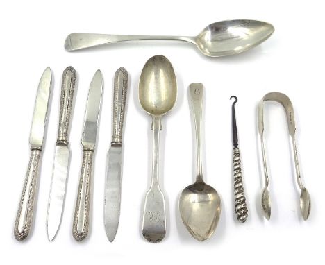 Georgian and Victorian silver table and dessert spoons and a pair of sugar nips approx 5.2oz, tea knives with silver handles 