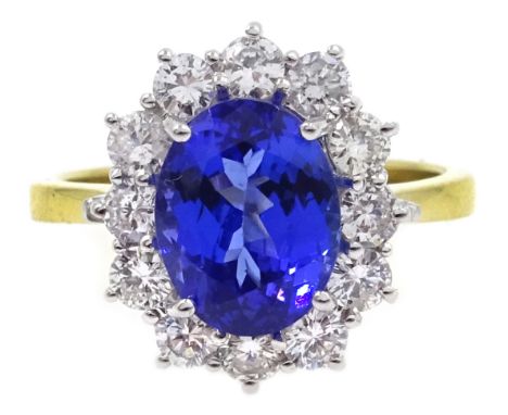 18ct gold tanzanite and diamond cluster ring, hallmarked, tanzanite approx 2.1 carat, diamonds approx 0.8 carat