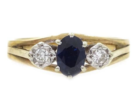 Gold three stone sapphire and diamond ring, hallmarked 9ct Condition Report Approx 2.8gm, size O-P