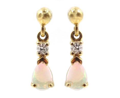 Pair of 9ct gold opal and diamond pendant earrings, hallmarked Condition Report Pendant length = 1.5cm 