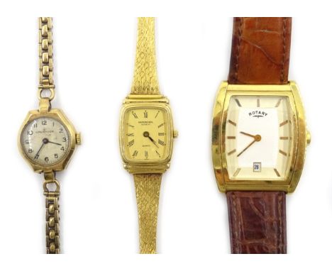 Crusader ladies 9ct gold bracelet wristwatch, Raymond Weil gold-plated wristwatch and a Rotary wristwatch