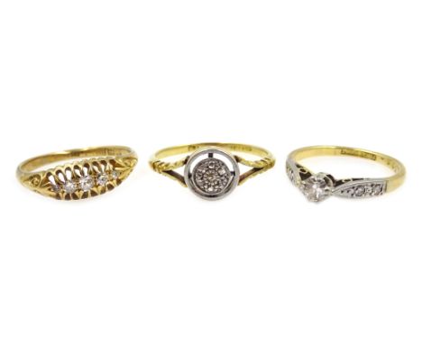 18ct gold five stone diamond ring 1910, diamond ring with diamond shoulders stamped 18ct plat and a diamond set halo ring (ma