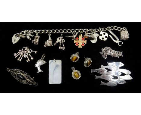 Silver shoal of fish brooch stamped 925, hallmarked silver charm bracelet, pendants, pair earrings etc
