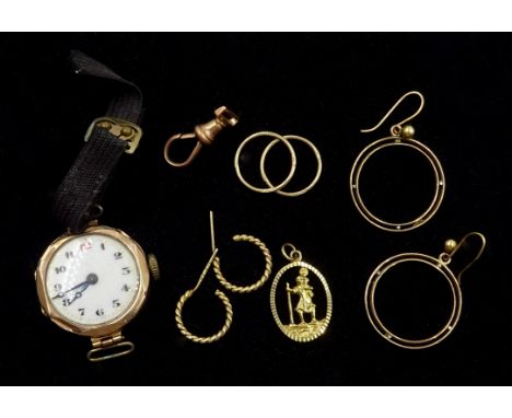 Hallmarked 9ct gold St Christopher pendant, three pairs ear-rings, Victorian clip approx 6.8oz and an early 20th century gold
