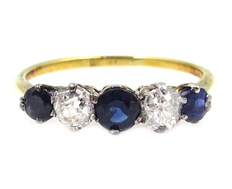 18ct gold (tested) five stone sapphire and diamond ring Condition Report Approx 1.9gm, size M-N, central sapphire stone loose