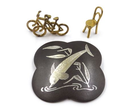 Arno Malinowski for Georg Jensen iron and silver brooch 5002, Georg Jensen miniature chair 5217 and pair of bikes 5214 
