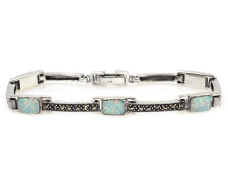 Silver opal and marcasite bracelet, stamped 925
