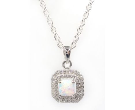 Silver opal and cubic zirconia pendant necklace, stamped 925