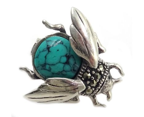 Silver turquoise and marcasite bug brooch, stamped 925