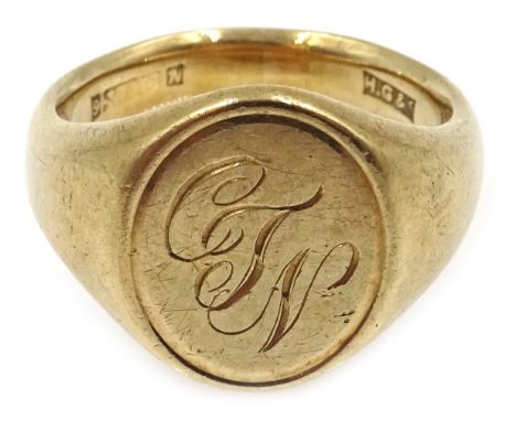 Gold signet ring, inscribed CJN, hallmarked 9ct, approx 9.8gm Condition Report Size L-M