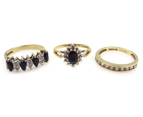 14ct gold cubic zirconia half eternity ring and two 9ct gold diamond and sapphire rings, all hallmarked Condition Report 14ct