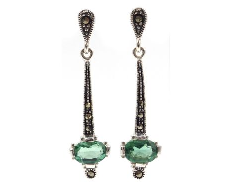 Silver green tourmaline and marcasite pendant earrings, stamped 925