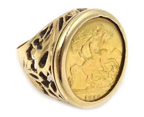 1913 gold half sovereign loose mounted in gold ring, hallmarked 9ct Condition Report Approx 11.8gm