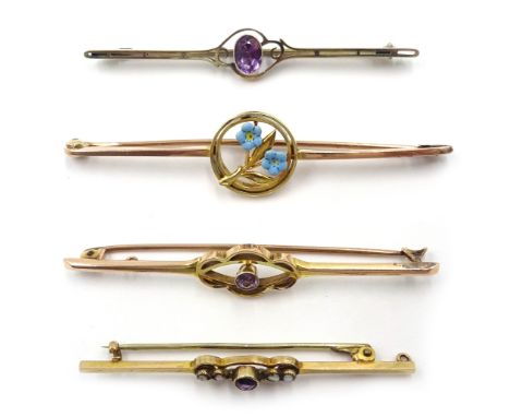 Rose gold amethyst brooch, stamped 15ct, gold, blue enamel flower design bar brooch, amethyst and seed pearl brooch and simil