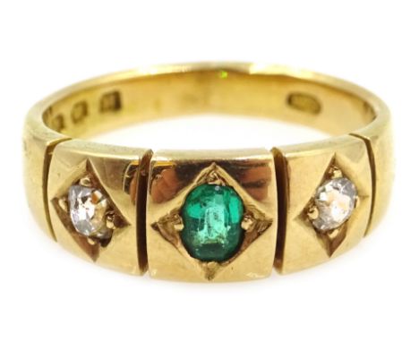 Three stone emerald and diamond Gypsy ring, London 1883 makers mark E M Condition Report Approx 6.2gm, size OClick here for f