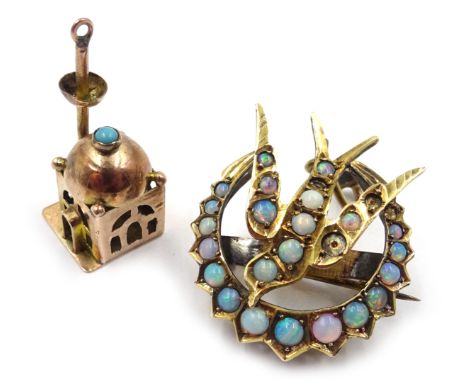 Victorian gold opal swallow pendant/brooch, stamped 15 and gold palace charm, tested 9ct  Condition Report 15ct approx 4.5gm 