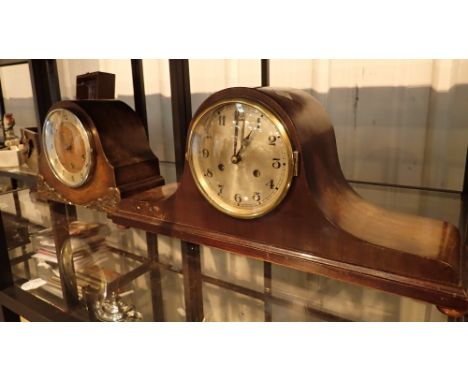 Two early 20thC oak cased chiming mantel clock ( no keys or pendulums )