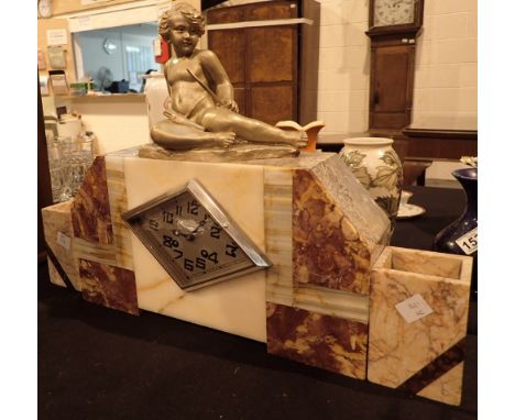 Large Art Deco marble chiming mantel clock garniture with figural cupid figurine by H Dubois no key or pendulum 