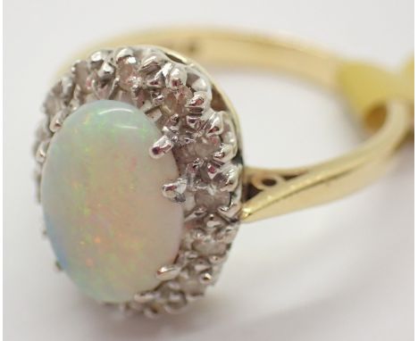 18ct gold opal and diamond cluster ring size L 3.6g CONDITION REPORT: Good condition no visable chips or stone losses opal do