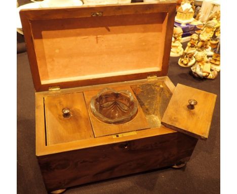 Georgian burr walnut twin compartment tea caddy with a mixing bowl L: 30 cm  CONDITION REPORT: No zinc lining, no key, genera