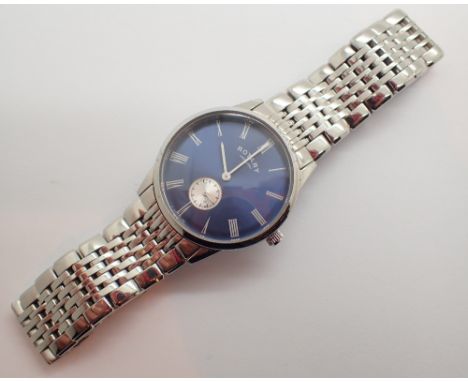 Boxed Rotary gents wristwatch with steel case and bracelet blue dial displays Roman chapters and has a subsidiary seconds dia
