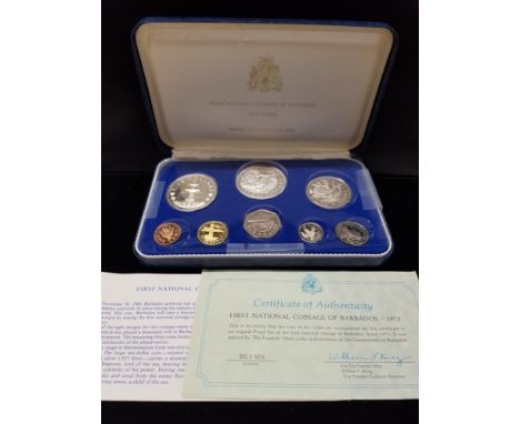 FRANKLIN MINT FIRST NATIONAL COINAGE OF BARBADOS PROOF SET INCLUDES SILVER 10 AND 5 DOLLARS COINS IN ORIGINAL PRESENTATION CA